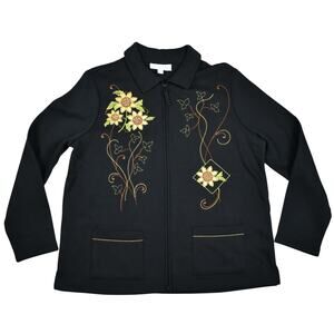 Vintage black sunflower embroidered zip up sweatshirt size large petite cottage